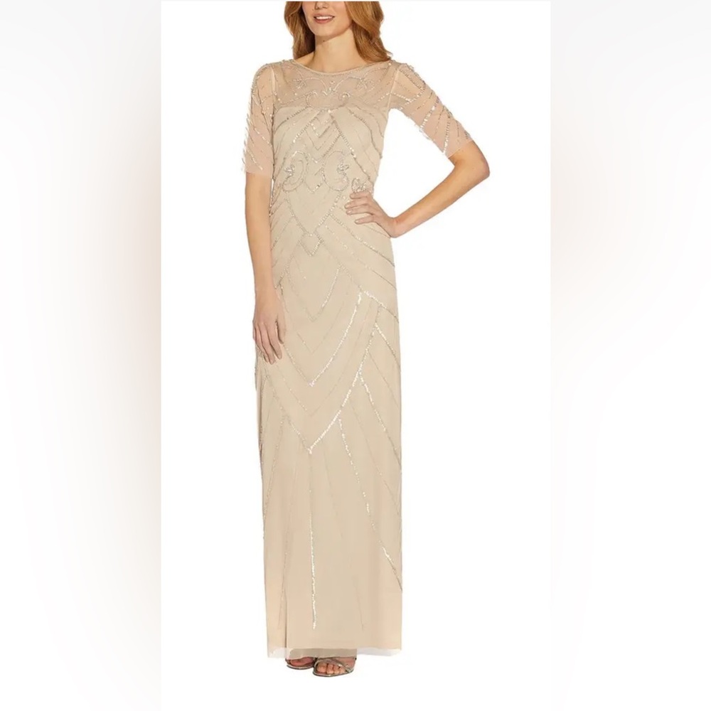 Adrianna Papell Studios Mother of Bride Beaded Long Sheath Dress Beige 12